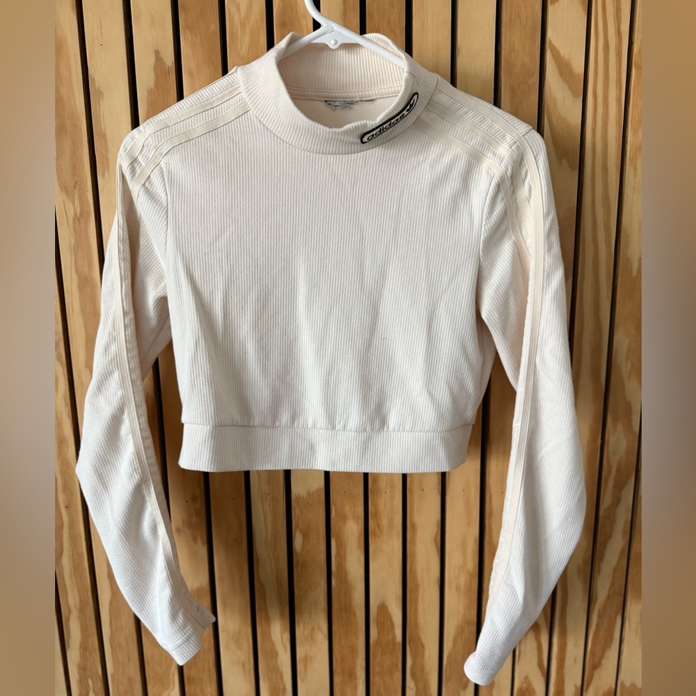 ADIDAS Cream Ribbed Long Sleeve Mock Neck Crop Top - Small - Picture 2 of 4